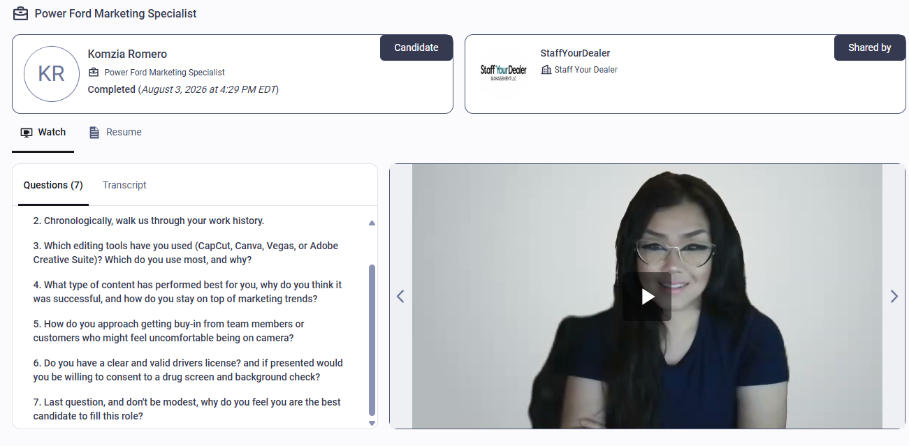 StaffaBiz candidate interview review screen showing job-specific questions, résumé access and recorded video